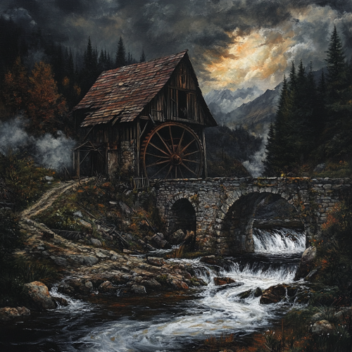 Deserted Mill with Covered Bridge and Water Wheel