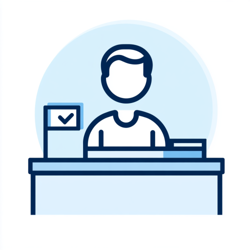 Design icon featuring person holding badge at reception desk.