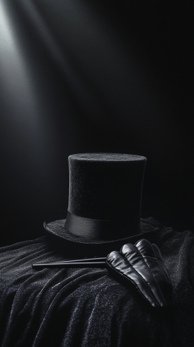 Design mobile slide with magician's hat, gloves on stage. Design mobile slide with magician's hat, gloves on stage.