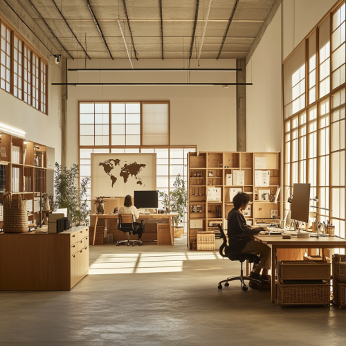 Design studio with diverse designers, global influences, minimalist workspace.