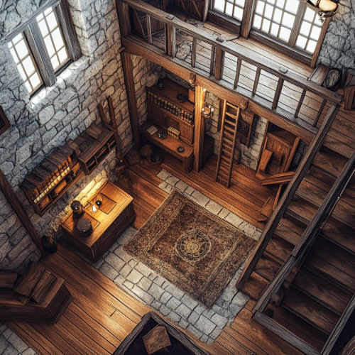 Detailed, realistic interior of an old house.