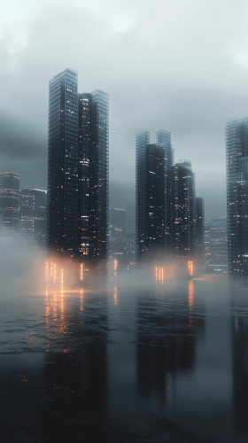 Detailed, symmetrical megastructures at night with neon lights reflecting.