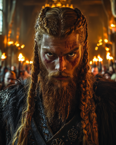 Detailed 35mm photorealistic face view of tall Viking.