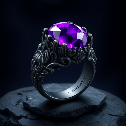 Detailed Dark Metal Ring with Purple Magic Stone and Dark Stone Ground
