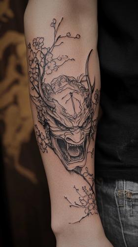 Detailed Samurai Hannya Mask Tattoo Design with Cherry Blossom Forearm Sleeve