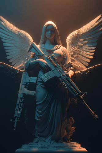 Detailed angel holding two ak-47s in simple background.