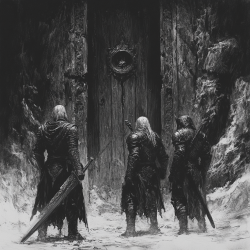 Detailed black and white charcoal drawing of 3 characters.