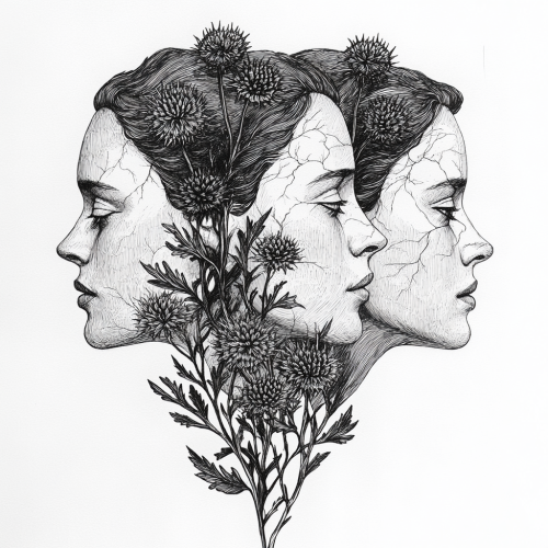 Detailed black ink illustration of three women's heads
