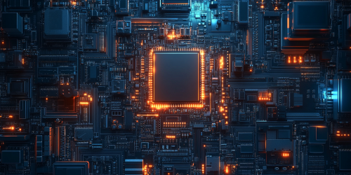 Detailed blue motherboard with complex circuitry and components. Detailed blue motherboard with complex circuitry and components.