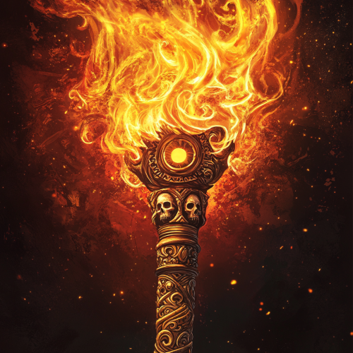 Detailed burning torch with engraved handle, watchful eye flame.