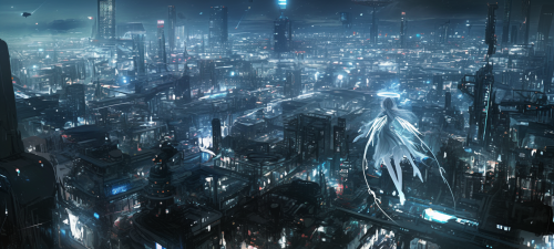 Detailed dystopian cityscape with angelic girl flying above. Detailed dystopian cityscape with angelic girl flying above.