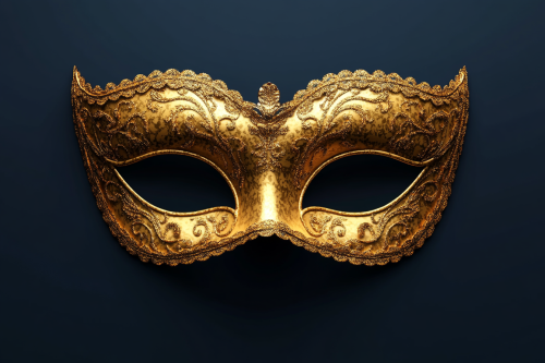 Detailed golden masquerade mask on dark blue background.