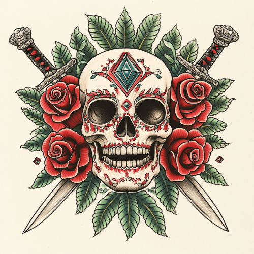 Detailed illustration of skull with roses and swords.