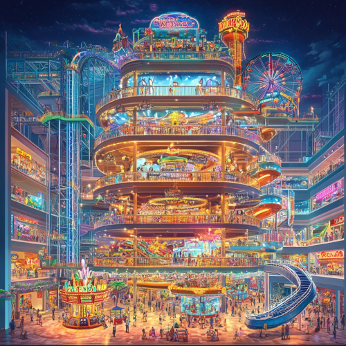 Detailed illustration of vibrant mega amusement park