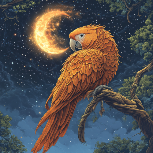 Detailed magical illustration focus on majestic orange parrot.