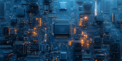 Detailed motherboard circuitry and components in futuristic blue design.