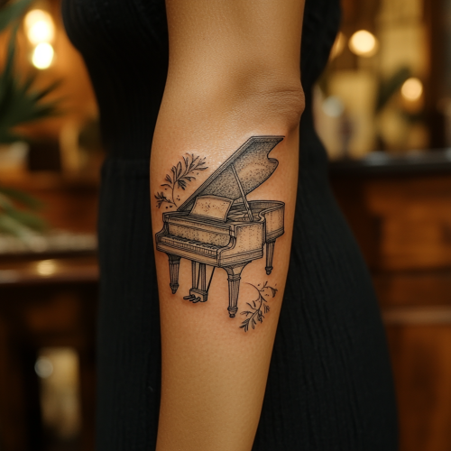 Detailed photo of piano tattoo using natural lighting.