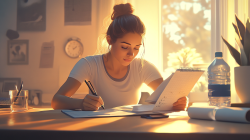 Determined Woman Planning Healthy Habits at Desk