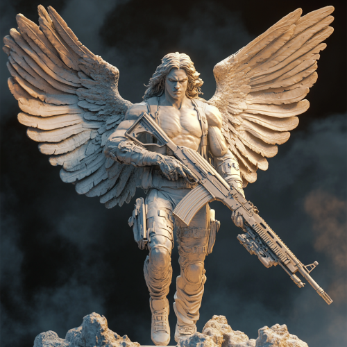 Determined angel with glowing wings wields AK-47s.