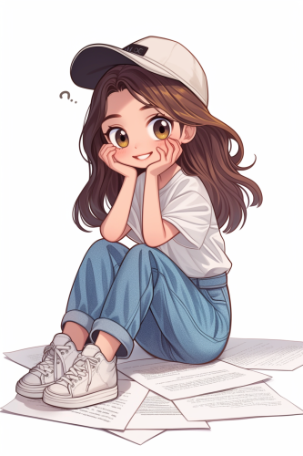Determined girl studying in kawaii chibi style