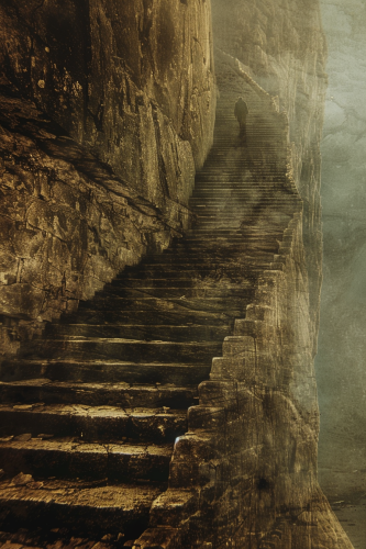 Determined man climbing steep mountain staircase in misty horizon.