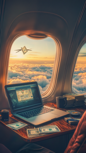 Digital Nomad in Private Plane Working on Laptop 
