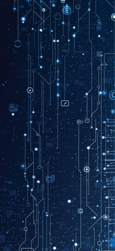 Digital blue background with coding symbols and circuit designs