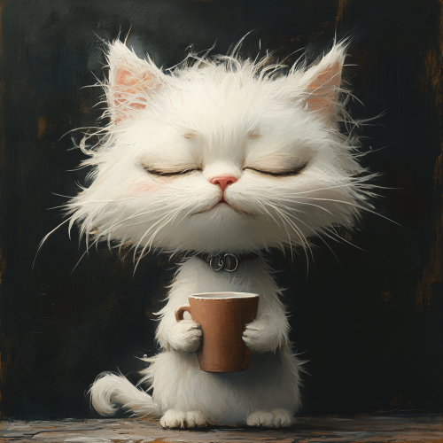 Disheveled white cat holding coffee cup with tired expression.