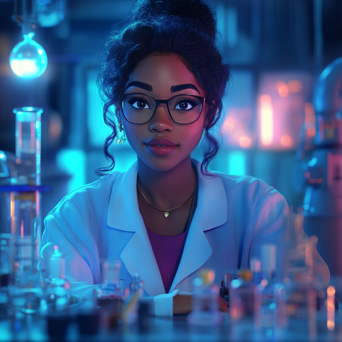 Disney black female scientist in lab coat smiling.