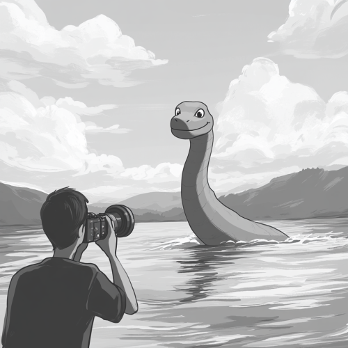 Disney-style Loch Ness Monster and surprised photographer