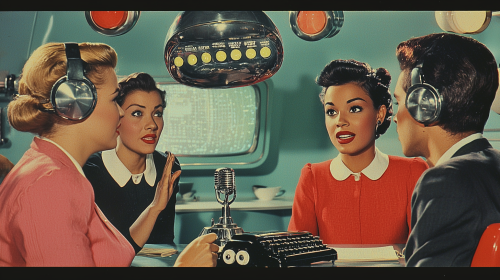 Diverse 1950s Office Discussion with Futuristic Tech