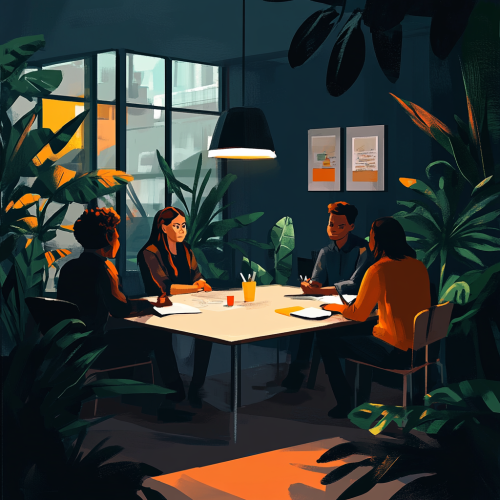 Diverse coworkers collaborate in modern workplace scene