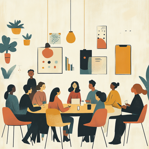 Diverse group of professionals collaborating in a meeting.