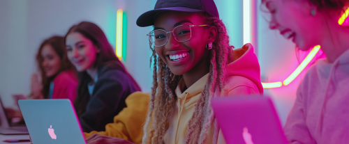 Diverse kids happy working together in office