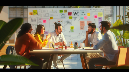 Diverse team brainstorming at modern conference table, engaged.