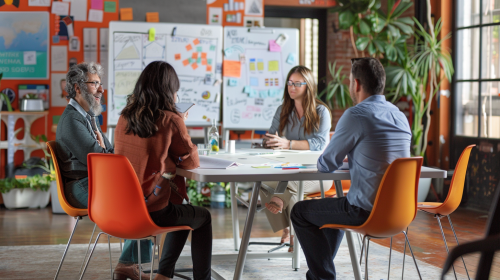 Diverse team brainstorming ideas in modern office setting.