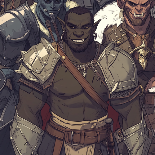 Diverse warriors stand behind friendly, confident orc.
