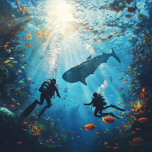 Diving with whale shark in sunny ocean.