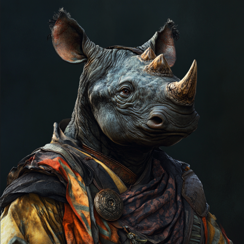 DnD character: human-rhinoceros mix, animalistic, young, stocky.