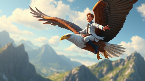 Doctor Flying on Giant Eagle through Mountains in Pixar