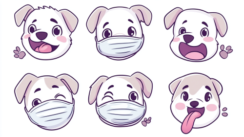 Dog stickers with expressions and mask in simple style.