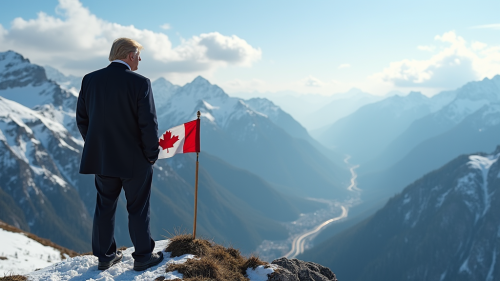 Donald Trump Overlooking Snowy Valley with Canadian Flag