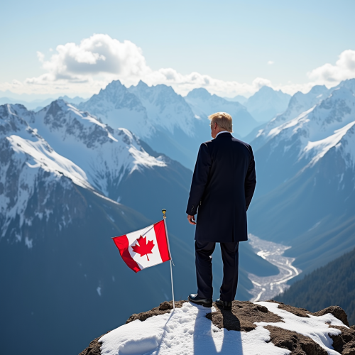 Donald Trump Overlooks Snowy Valley with Canadian Flag