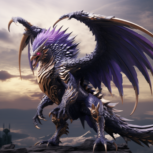Dragon-like humanoid creature with muscular build and elaborate wings.