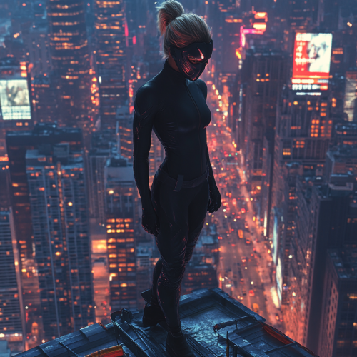 Dragon superhero stands on city building at night.