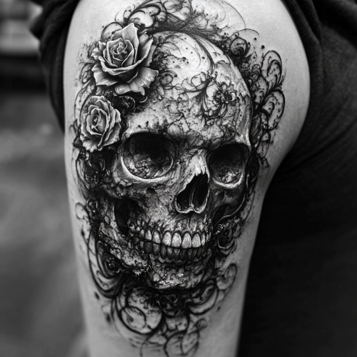 Dramatic Skull Tattoo Design with Intricate Details