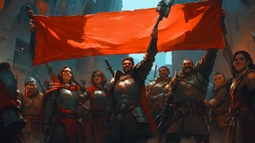 Dramatic lighting on detailed A.I. D&D characters holding banner