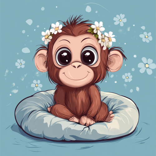Drawing of adorable orangutan on blue pillow with flowers.