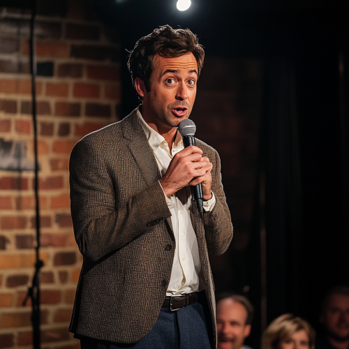 Dressed like Jerry Seinfeld, comedian entertains crowd at comedy club.
