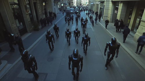 Drone photo shoot of people and robots in Milan.